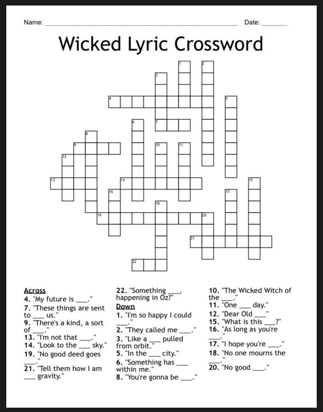 Wicked finish The Lyric Crossword w Answer Key Etsy Israel