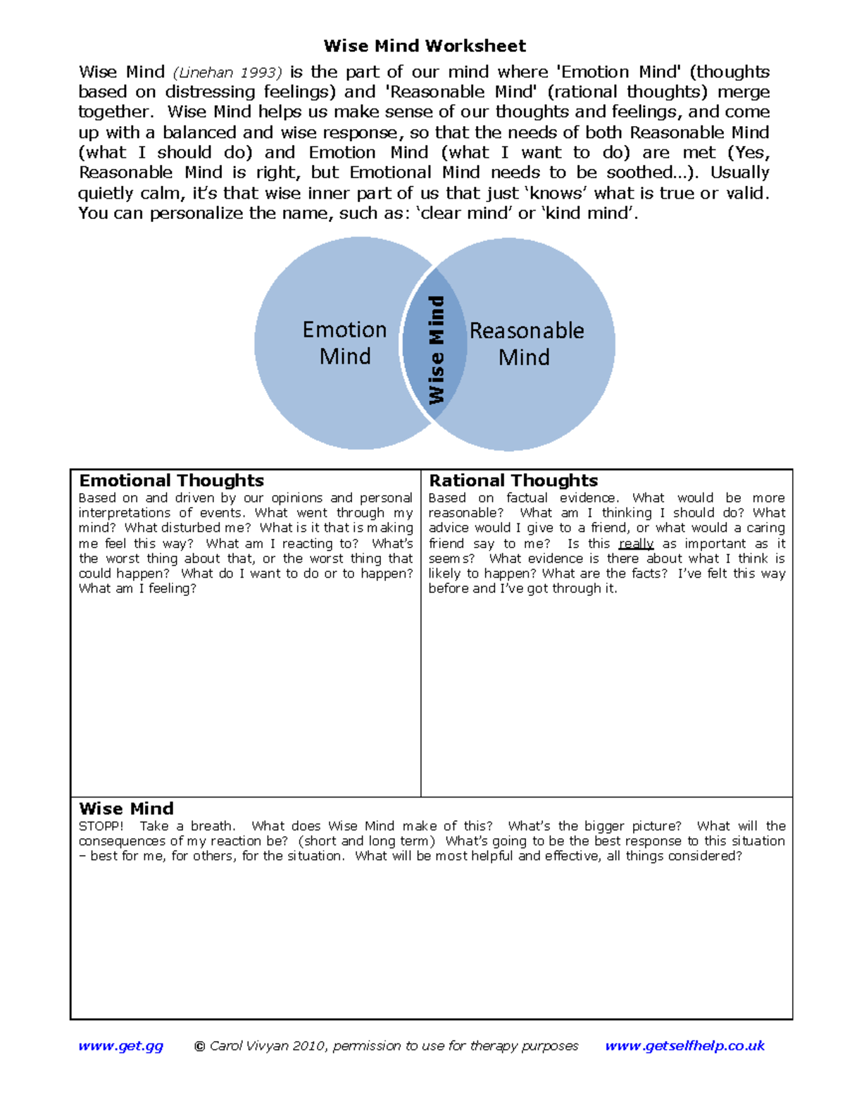 Wise Mind Worksheet Balancing Emotion Reasonable Mind Techniques Studocu