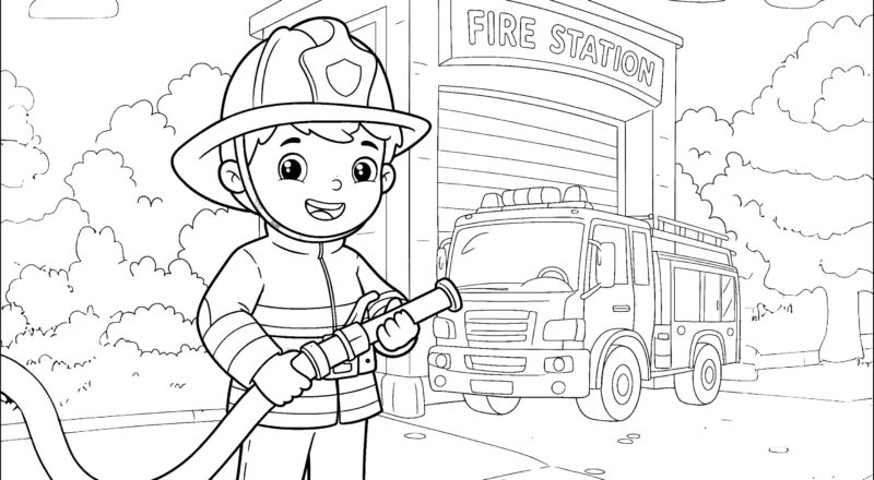 Young Firefighter With Water Hose Fire Department Coloring Pages