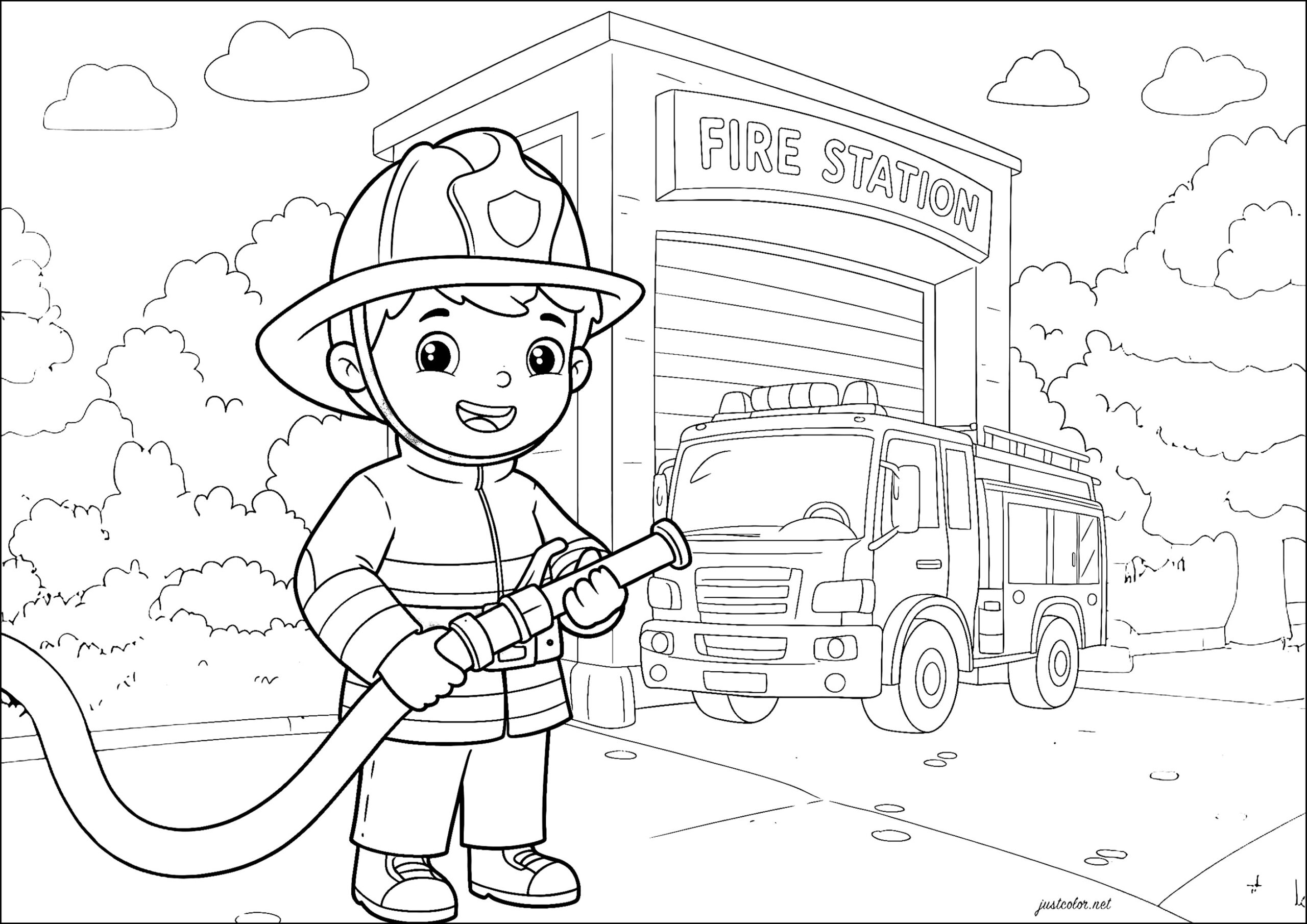 Young Firefighter With Water Hose Fire Department Coloring Pages