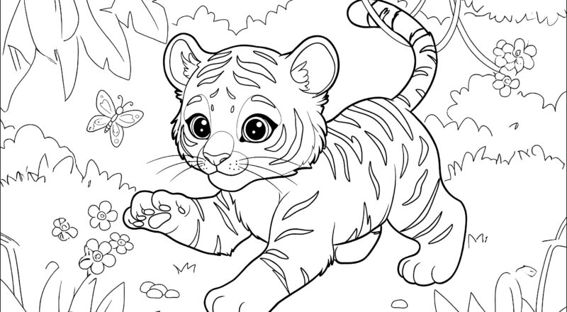 Young Tiger Playing With A Butterfly Tiger Coloring Pages