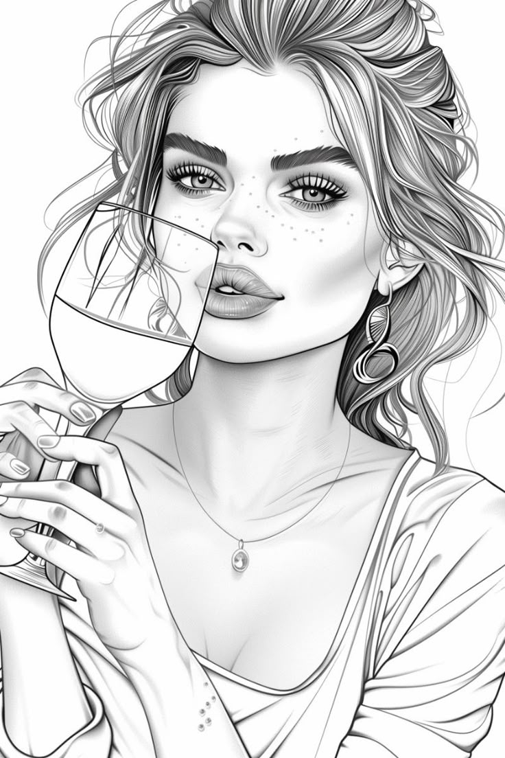 Young Woman With A Glass Of Wine Free Printable Coloring Page